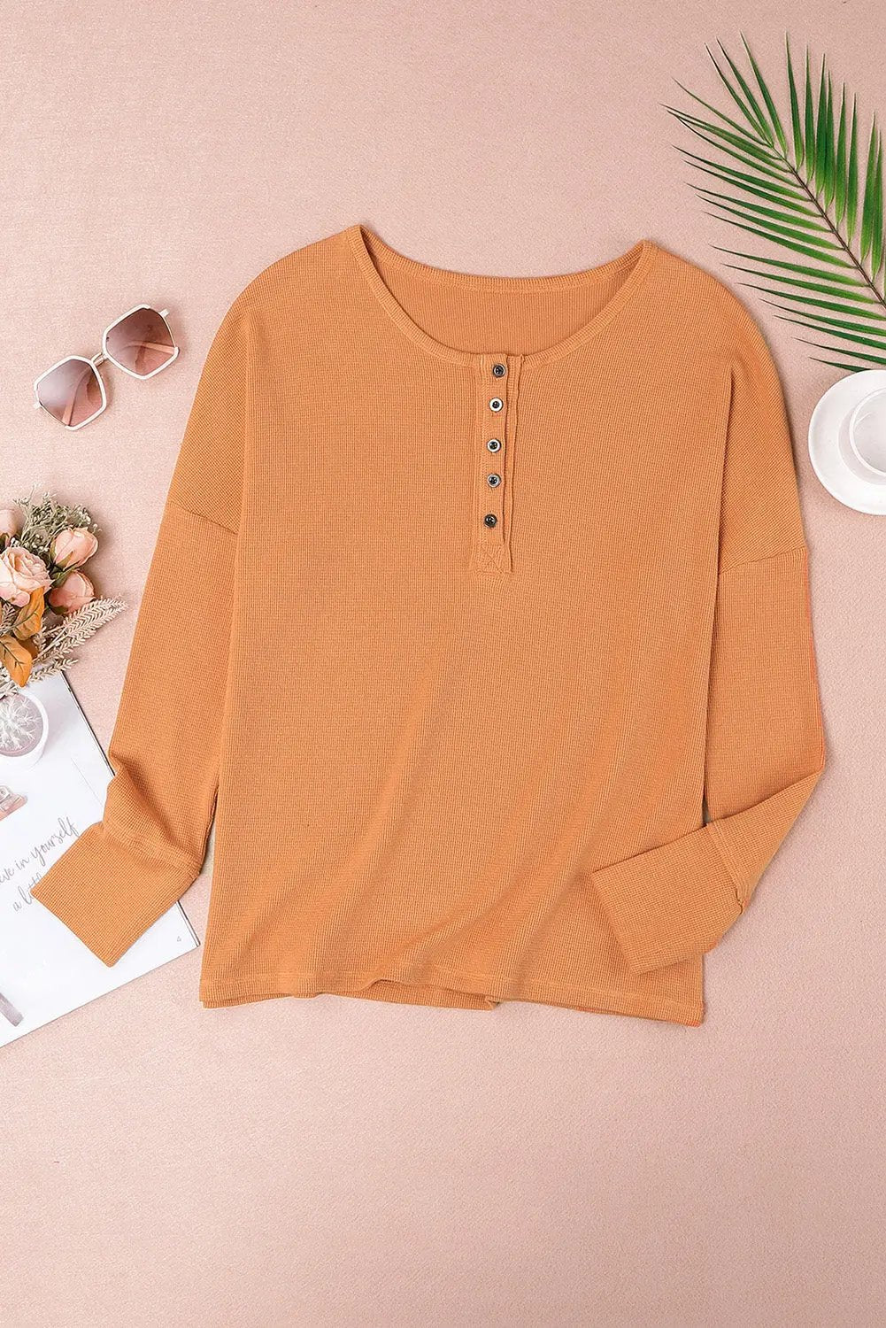 Camila Waffle Knit Long Sleeve Henley Top for Women - Love Salve